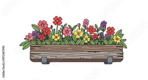 Colorful Spring Flowers in a Rustic Wooden Window Box Planter