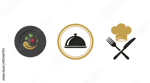 Restaurant Icon Set: Food, Cloche, Chef Hat, Fork, Knife - Culinary Icons