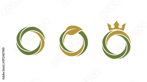 Eco-friendly circular logos with leaf and crown icons