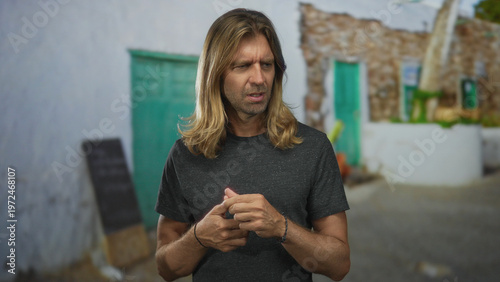 Photography Man with long blond hair touches fingertips while standing in front of a building entrance door; uncertainty