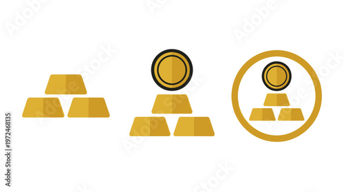 Gold Bullion Stacks and Coin Icons Set: Wealth, Investment, and Currency Symbols