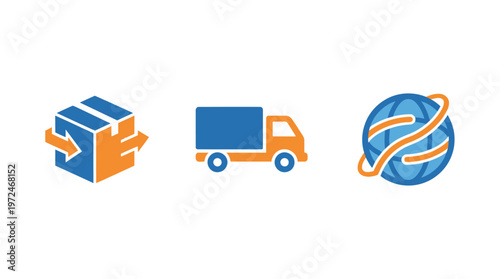 Logistics Icons: Package, Truck, Globe - Shipping and Delivery Concept