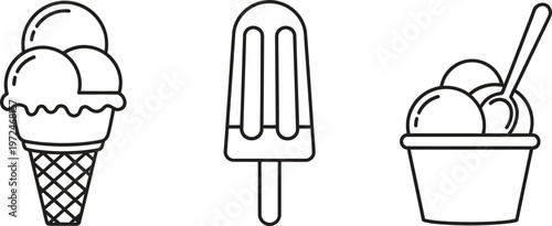 Set of ice cream and frozen dessert icons featuring a cone popsicle and cup perfect for summer menus or sweet treat branding