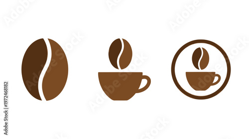 Coffee Icons: Bean, Cup, and Logo Concept on White Background