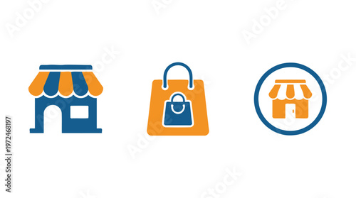 Online Shopping Icons: Storefront, Shopping Bag, and Store in Circle