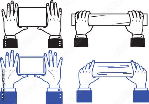 Holding Device Illustrations: A set of illustrations showcasing diverse hands interacting with a device, providing a clean and versatile visual for various concepts.
