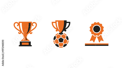 Soccer Trophy, Ball, and Ribbon Award Icons - Sports Championship Victory Concept