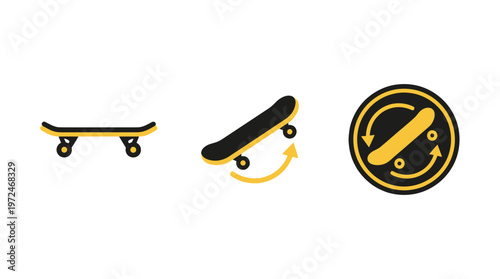 Skateboard Icons: Flat, Angled, and Circular Motion Graphic