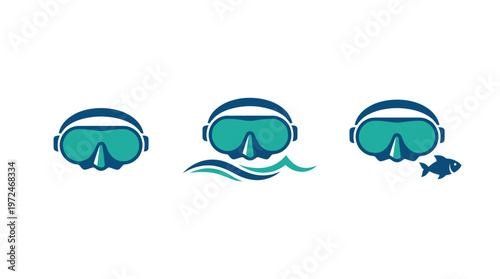 Scuba Diving Mask Icons: Underwater Exploration, Ocean Wave, and Fish Encounter