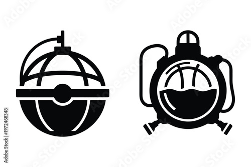 Vintage underwater breathing apparatus and spherical deep sea mine vector icons
