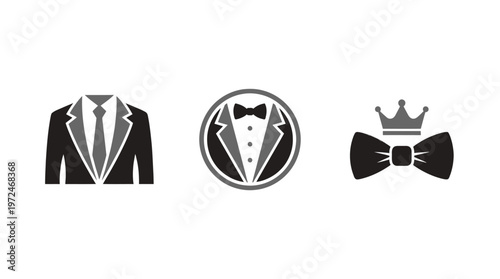Formal Wear Icons: Tuxedo Suit, Bowtie Emblem, Crown Bowtie Graphic