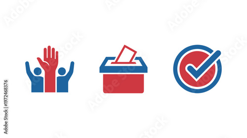 Voting icons: People raising hands, ballot box, and checkmark in circle