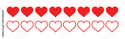 Eight filled red and eight outline red heart icons representing love emotion and preference graphic elements.