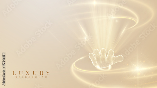 Abstract luxury gold background with elegant light hand touch. Premium glowing bokeh design and rays for modern cosmetic product banner or science.