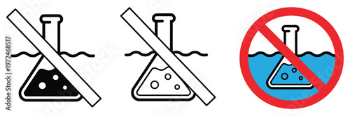 zero contain no chemicals concept, laboratory glass flask with clean liquid and crossed wave symbol, minimal scientific safety illustration representing purity, contamination free environment