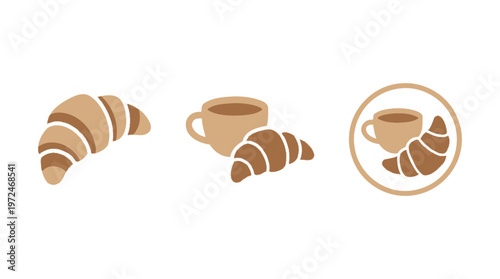Croissants and Coffee Icons Set: Breakfast, Bakery, Cafe, Morning Refreshment