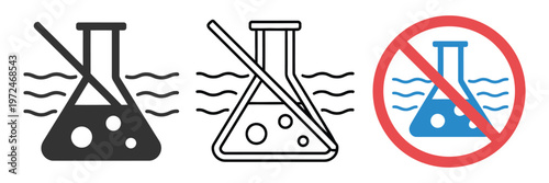 zero contain no chemicals concept, laboratory glass flask with clean liquid and crossed wave symbol, minimal scientific safety illustration representing purity, contamination free environment