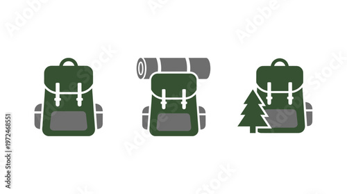 Hiking Backpack Icons: Forest, Camp Roll, and Tree