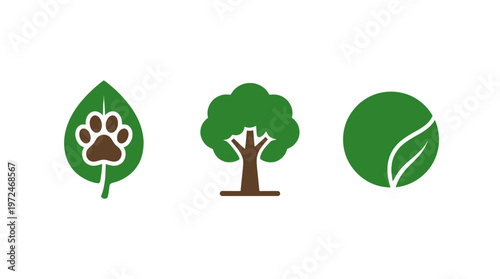 Nature conservation icons: paw print leaf, tree, and green circle with leaf