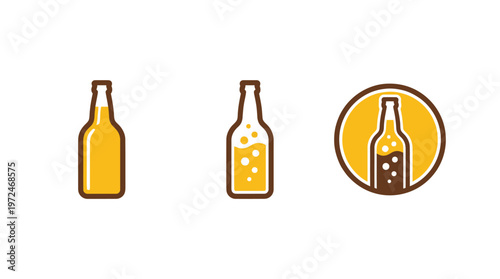 Set of Beer Bottle Icons: Flat Design, Full Bottle, Fizzy Drink, Emblem