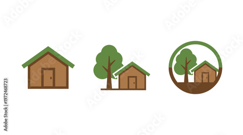 Eco Friendly House Icons: Sustainable Living, Nature, and Green Energy Symbols