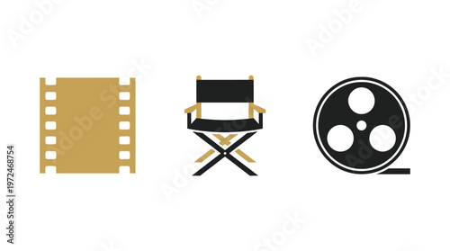 Film Reel, Director's Chair, and Film Strip Icons - Cinema and Movie Production Concept