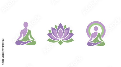Zen meditation icons: lotus flower and meditating figures in purple and green