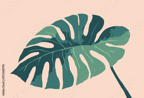 massive Monstera Deliciosa leaf perfect fenestrations, rendered crisp, modern flat style Deep emerald greens contrasting soft blush pink background Minimalist shadow play Blank space copy