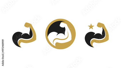Fitness Logo Set: Bicep Flex, Circle Emblem, Star Icon
