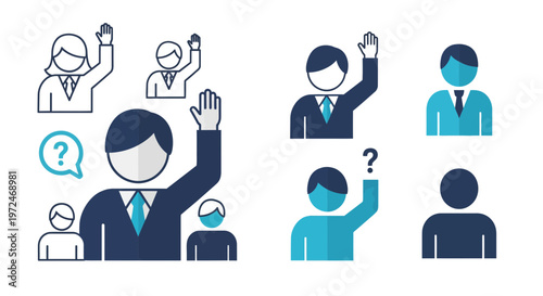 Businessman with hand raised in question.
