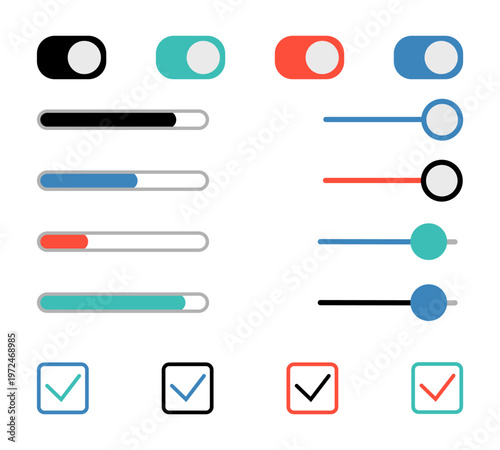 Colorful UI toggle switches, slider bars, and checkboxes collection, perfect for web, mobile app, dashboard, or modern interface design projects.