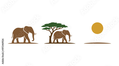 African Savannah Landscape with Elephants, Acacia Tree, and Sun