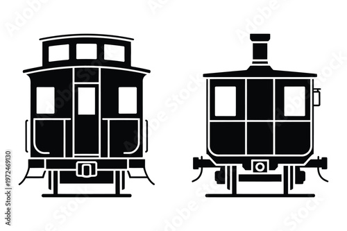 Black silhouette vector illustration of two train cabooses