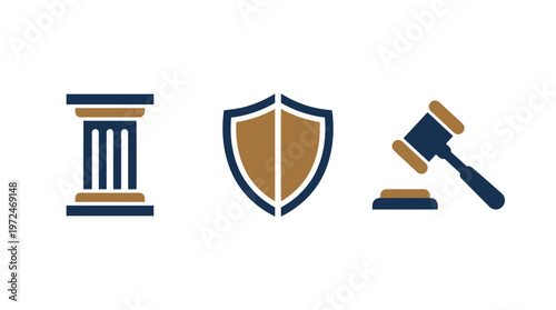 Legal Icons: Justice Column, Shield, and Gavel on White Background