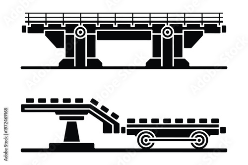 Black silhouette vector illustration of a railway bridge and a flatbed train car