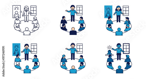 People interacting in office spaces.