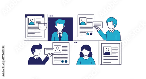 People looking at resumes on screens.