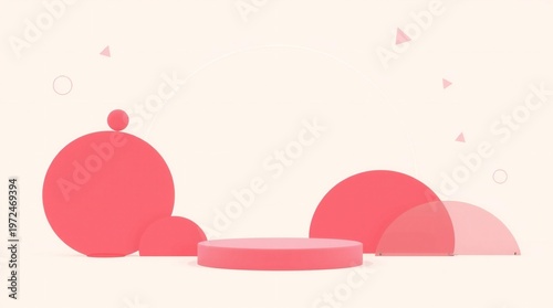 Minimalist pink abstract shapes with a podium on a light background