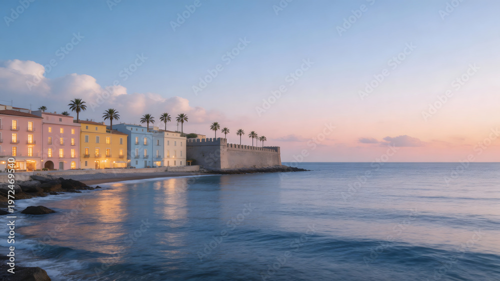 Fototapeta premium Colorful buildings by the sea at sunset