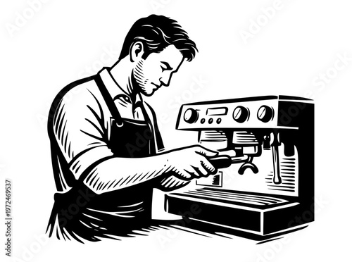 A male barista wears an apron while operating an espresso machine. He carefully inserts the portafilter to begin brewing a hot, flavorful coffee drink in a busy cafe environment.