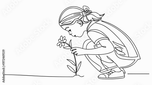 Young girl gently smelling a delicate flower in a minimalist line art style