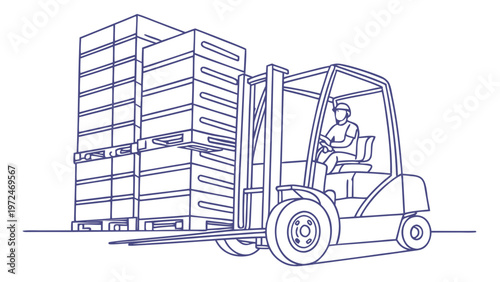 Forklift operator carefully moves large stack of boxes in a warehouse setting.