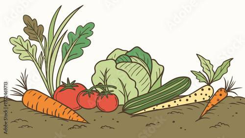 Fresh garden vegetables growing in rich soil, a vibrant collection of healthy produce.