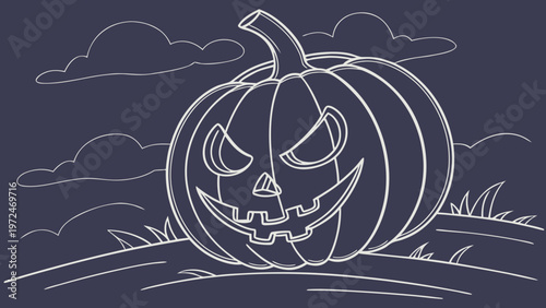 Spooky carved pumpkin with glowing eyes on a grassy hill at night