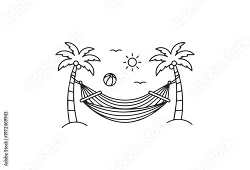 Tropical beach scene, palm trees, hammock, line art illustration, summer vacation, relaxation