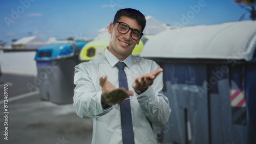 Tableau sur toile Man in white shirt and tie holds open hands to camera on urban street by recycling bins; invitation