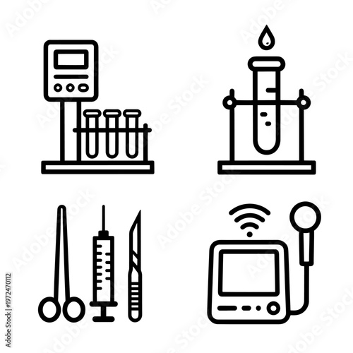 Laboratory and surgical instrument icons displaying a test tube rack, chemical reactions, precise tools, and ultrasound technology. icon Vector illustration