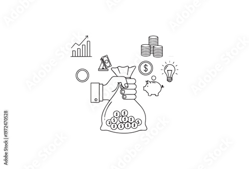Financial icons, money bag, business symbols, investment graphics, wealth management