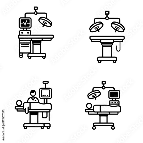 Operating room setup icons featuring surgical tables, monitoring equipment, overhead lights, and patients undergoing procedures. icon Vector illustration