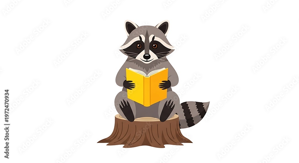 Fototapeta premium A cartoon raccoon sitting on a tree stump reading a book